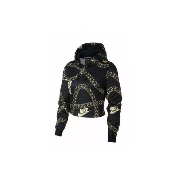 Nike Sportswear Icon Clash Chain Women Crop Top Hoodie Black Gold 2X - Picture 2 of 9